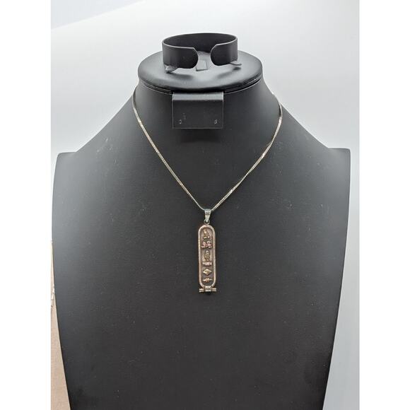 VTG 925 Sterling Silver Egyptian Hieroglyphics Cartouche Pendant 15" Necklace - Picture 1 of 10